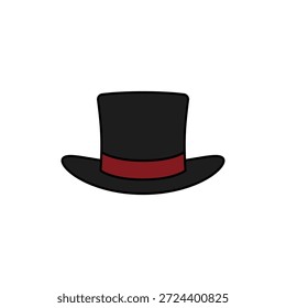 Classic black top hat with red ribbon band icon. Vector cartoon illustration of a magician or gentleman headwear isolated on a white background.