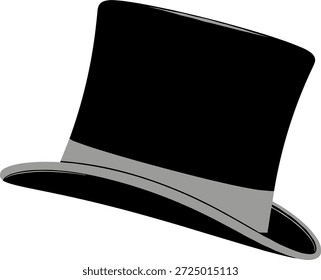 Klassische schwarze Top-Hut Vektorgrafik mit grauem Band für formale Gentleman-Mode, Zauberer-Kostüm und eleganten Stil