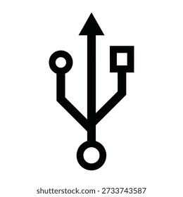 A classic black vector icon of the USB symbol featuring the trident shape representing universal connectivity and data transfer for computer hardware and electronic devices.
