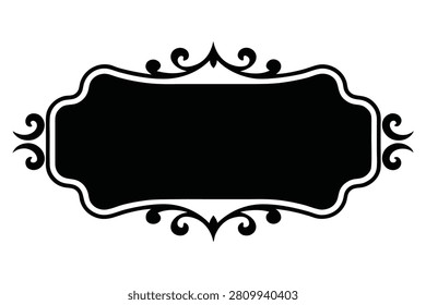 A classic black vintage frame vector graphic with intricate swirl elements and a solid filled center space. This elegant gothic label silhouette is isolated on a clean white background and is perfect for retro menu templates and premium tag designs.