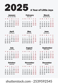 Calendario clásico en blanco y negro para 2025. El diseño discreto y versátil es adecuado para cualquier entorno de trabajo. Con días festivos y nombres motivacionales para cada mes.