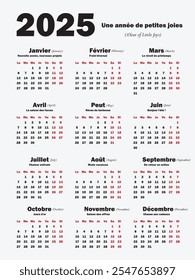 Classic black and white calendar in French for 2025. Discreet and versatile design is suitable for any work environment. With holidays and motivational titles for each month.