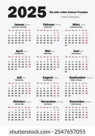 Classic black and white calendar in German for 2025. Discreet and versatile design is suitable for any work environment. With holidays and motivational titles for each month.