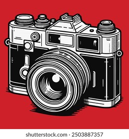 Classic black and white camera with red background