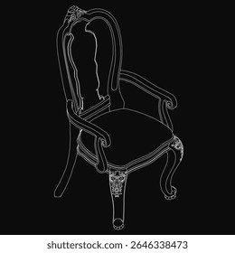 Classic black and white chair drawing with a curved backrest and armrests, upholstered neutral seat, and four slightly curved legs. The stark black background highlights the elegant silhouette