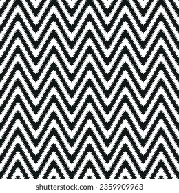 Klassisches schwarz-weißes Chevron-Design. Geometrisches gestreiftes Ornament. Zigzag unregelmäßige Linien. Nahtloses sich wiederholendes Muster. Vektorgrafik.