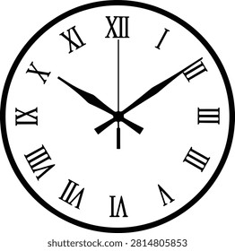 Classic black and white clock face with roman numerals, displaying time ten past two.