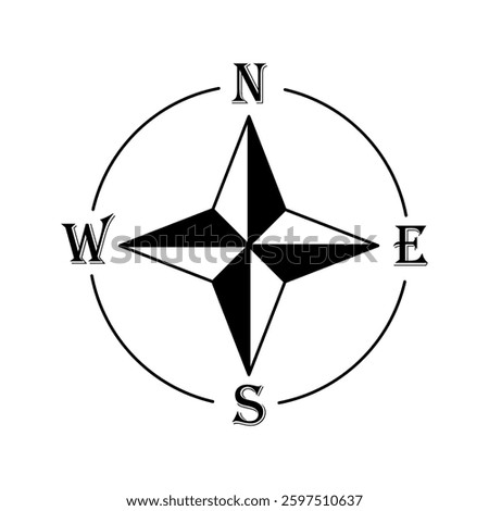Classic black and white compass rose vector illustration. A symmetrical black and white compass rose design with cardinal directions (N, S, E, W), symbolizing navigation, travel, and orientation