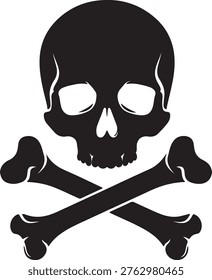 Classic black and white crossed bones skull symbol with a hollow eye appearance silhouette vector icon