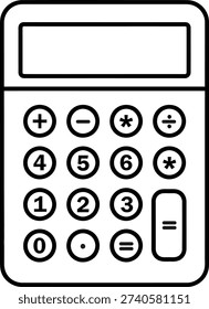 Classic black and white depiction of a basic calculator with numbered keys and functions .Vector illustration