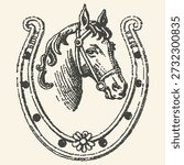 A classic black and white distressed engraving of a horse