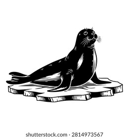 Classic black and white drawing of a seal resting on an ice floe, showcasing detailed line work and natural posture in a minimalistic style.