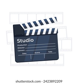 Classic black and white film clapperboard with filmstrip background, a symbol of movie production. Vector illustration