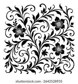Classic black and white floral design element featuring elegant, curved leaves and intricate detailing.