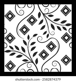 Classic Black and White Floral Vector Pattern | Sophisticated Geometric Tile for Textile, Rug, Wallpaper, and Interior Design | Stylish Ornamental Art with Digital Texture for Luxury Aesthetics.
