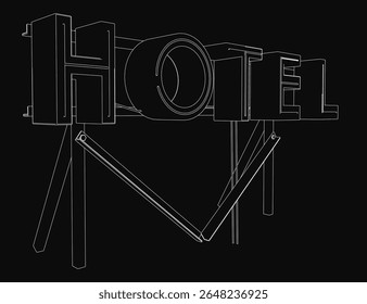 A classic black and white hotel sign stands prominently against a dark background, featuring bold text and sturdy supports. The timeless design evokes vintage charm and simplicity