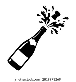 A classic black and white icon of a champagne bottle popping its cork with a dynamic splash of bubbles, representing celebration, parties, success, and luxury.