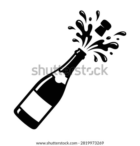 A classic black and white icon of a champagne bottle popping its cork with a dynamic splash of bubbles, representing celebration, parties, success, and luxury.