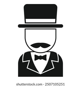 Classic black and white icon of a gentleman wearing a suit, bow tie, and top hat