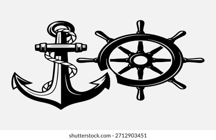Ilustración clásica en blanco y negro con el ancla y el volante de un barco.