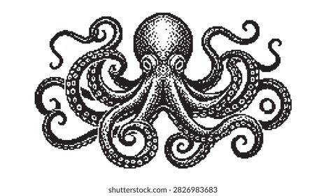 A classic black and white illustration of an octopus, showcasing its eight curled tentacles and prominent eyes in a detailed, antique style.