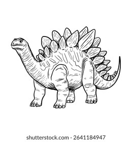 Classic black and white illustration of a Stegosaurus, showcasing its iconic back plates and thagomizer tail. Ideal for educational content, children's designs, or dinosaur-themed projects.