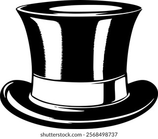 A classic black and white illustration of a top hat, featuring a sleek design with a wide brim and a ribbon around the base of the crown.