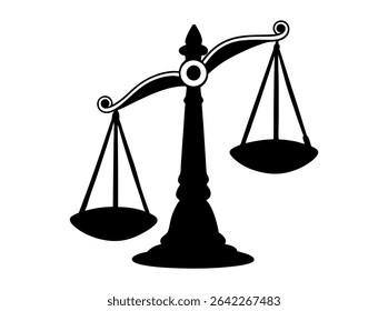 Silhueta de escala de justiça preto e branco clássico, forte, silhueta simétrica de uma escala de equilíbrio clássico, perfeito para legal, justiça, ou temas de justiça. escala de equilíbrio, justiça, justiça, justiça, legal, la