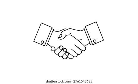 Classic black and white line art illustration of a firm handshake between two business people in suits for agreement and cooperation.
