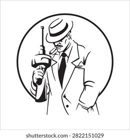 Classic black and white line art of a vintage mafia gangster wearing a fedora hat and suit, smoking a cigar and holding a tommy gun inside a circle frame. Perfect for gaming logos and bar branding.