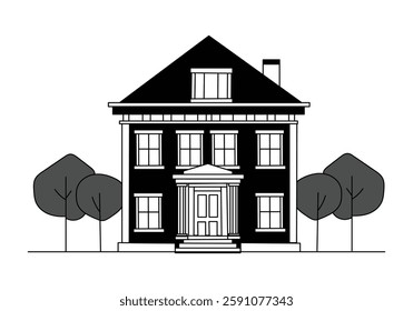 A classic, black and white line drawing of a grand historical house.