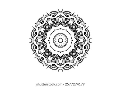 Classic black and white mandala with concentric circles and intricate geometric patterns	
