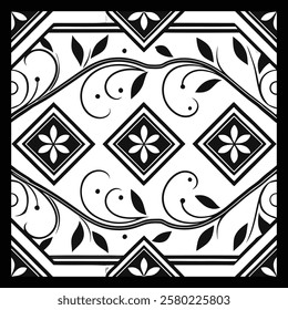 Classic Black and White Ornamental Floral Pattern | Geometric Tile Design for Fashion, Fabric, Carpet, Interior, and Graphic Projects | Luxurious and Timeless Digital Art Texture
