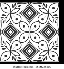 Classic Black and White Ornamental Floral Pattern | Geometric Tile Design for Fashion, Fabric, Carpet, Interior, and Graphic Projects | Luxurious and Timeless Digital Art Texture
