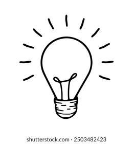 A classic black and white outline of a lightbulb with stylized rays extending outward.