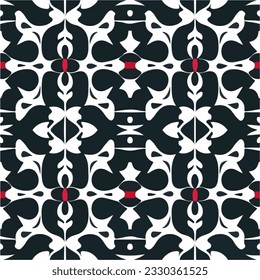 Classic black and white pattern adorned with charming red dots, reminiscent of a peppermint candy. This damask pattern exudes a timeless charm and adds a playful touch to any design.