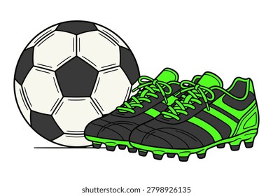 Classic black and white pattern soccer ball placed next to pair of modern green and black professional football shoes.