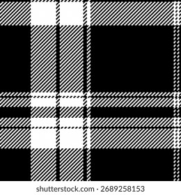 Padrão de xadrez preto e branco clássico. O design têxtil versátil evoca o minimalismo moderno tradicional.  Ideal para moda, fundos, elementos gráficos.