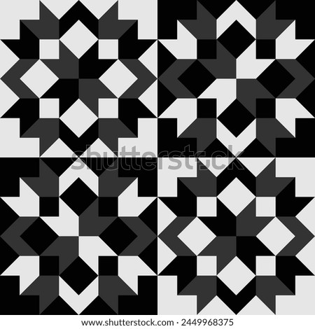 A classic black and white quilt pattern featuring squares and stars on a white textile background. Vector illustration.