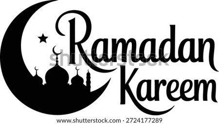 A classic black and white Ramadan design with beautiful typography, mosque outline, star, and crescent moon.