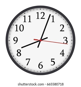 Classic black and white round wall clock isolated on white background. Vector illustration.