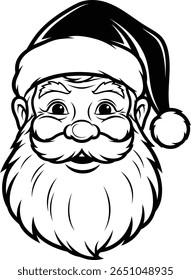 Classic Black and White Santa Claus Face Illustration – Festive Christmas Character Drawing