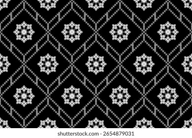 Classic black and white seamless pattern. Features intricate ethnic pixelated star motifs within diamond frames. Ideal for tribal textiles, bold fashion,Sophisticated digital backgrounds. fabric print