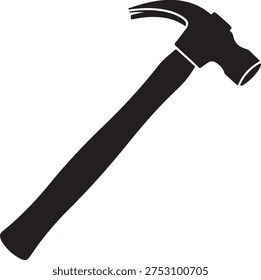 A classic black and white silhouette of a hammer tool against a plain background