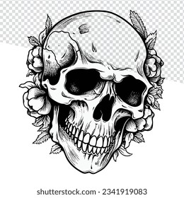 Classic Black and White Skull and Roses: Hand-Drawn Illustration for Flash Tattoos, Coloring, Vector, Transparent BG