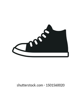 Classic black and white sneaker icon or logo. Simple symbol of canvas sports shoe. Isolated vector clip art illustration.