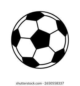 A classic black and white soccer ball icon, rendered in a simple, clean line art style against a stark white background. Ideal for sports graphics and design elements.