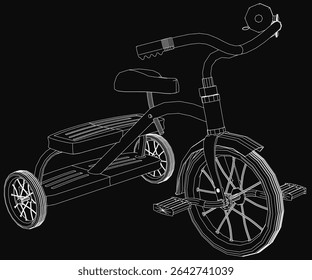 A classic black and white tricycle with large knobby tires stands out against a dark background. The vintage design features curved handlebars, a front basket, and a light-colored upholstered seat.