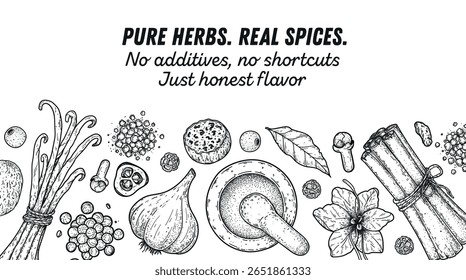 Classic black and white vector of herbs and spices elements drawn in an engraving style. Ideal for elegant culinary branding, organic product labels, and high-end restaurant identity.