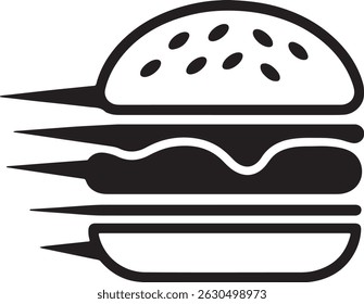 Uma ilustração vetor preto e branco clássico mostra um delicioso ícone de comida de hambúrguer gourmet, perfeito para várias aplicações. 